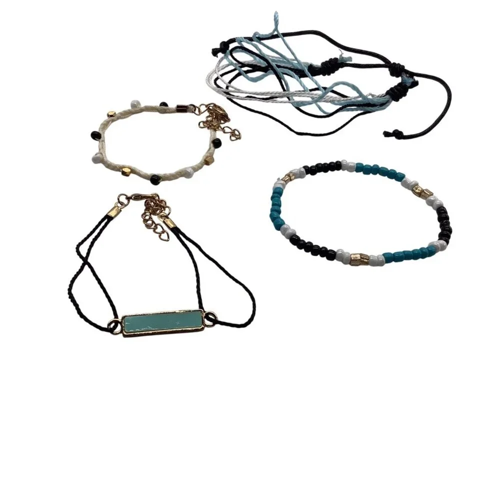 Set Of 5 Adjustable Handmade Beaded &‎ Woven Bracelets With Gold Accents